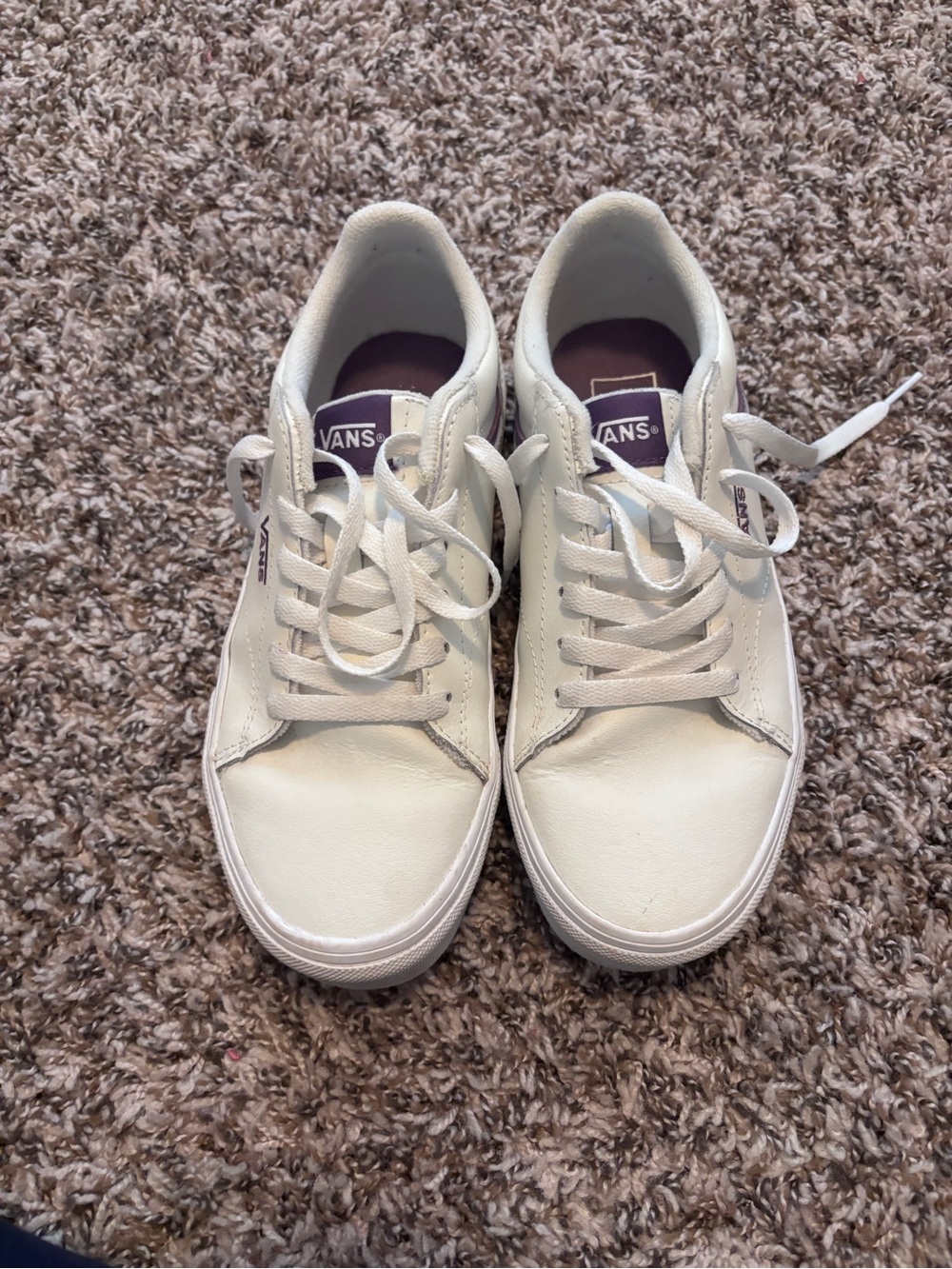 Vans Women’s White Leather Low-Top Sneakers with Purple Accents